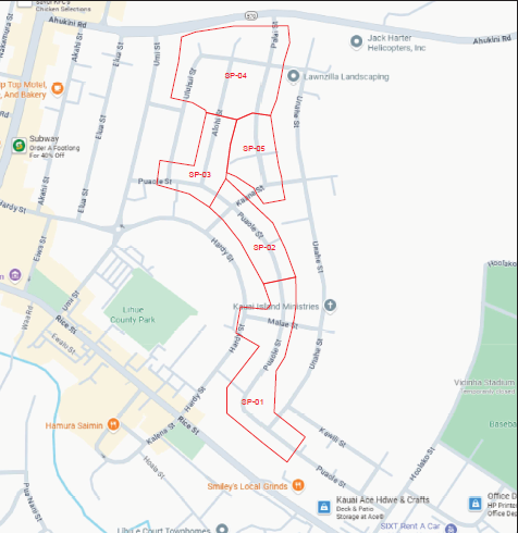 Map of roads affected in the Molokoa Subdivision in Līhu‘e. ###
