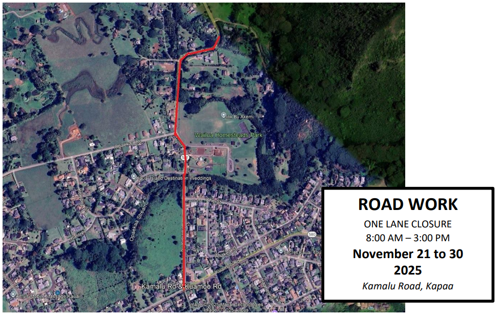Map of road closure along Kamalu Road. ###