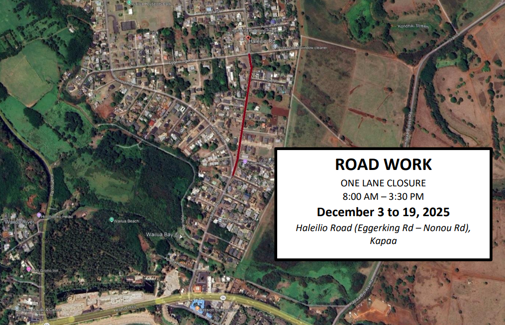 Map of road closure along Haleilio Road. ###