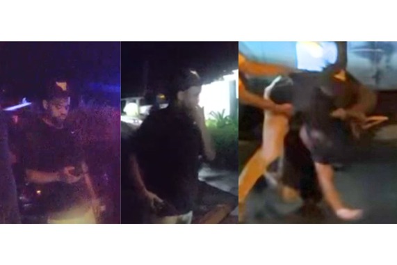 Person of Interest 1 - Wearing a dark shirt, beige pants, and a black hat with a triangular logo. 