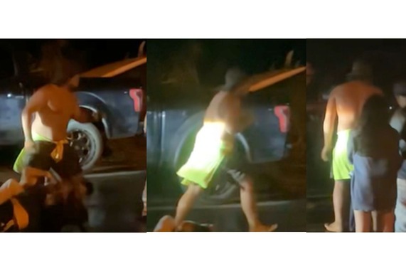 Person of Interest 4 – No shirt, wearing dark shorts, a fluorescent green long sleeve shirt tied around the waist, and a dark hat. 