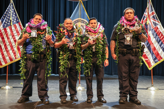From left to right: Officer Kaleo Josiah, Officer Kent Morano, Officer Brandon Chun, Officer Daylin Huni.
