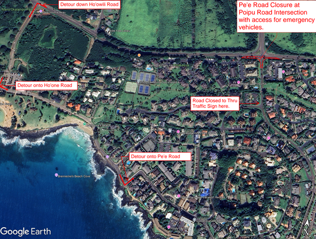 Map of road closures along Pe‘e Road in Po‘ipū. ###