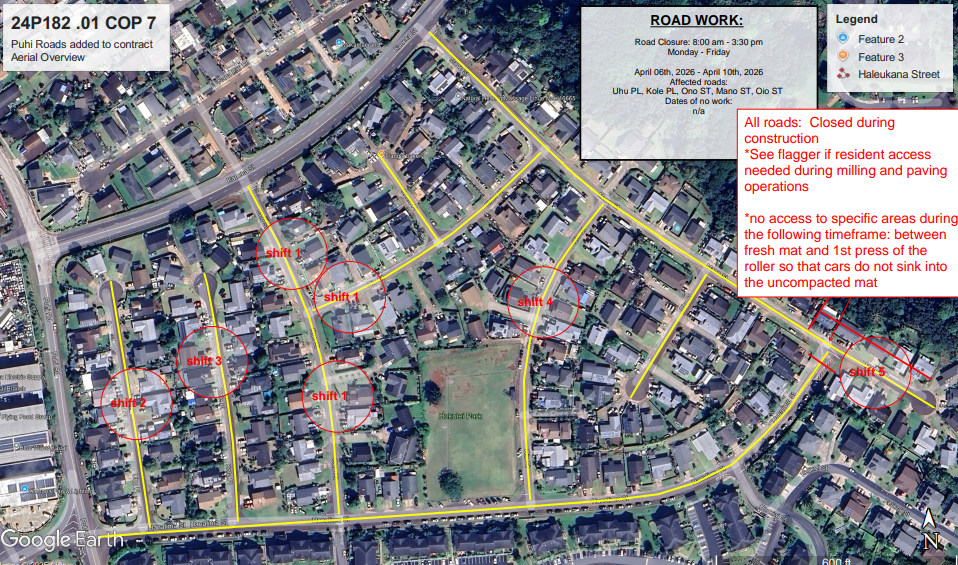 Map of road and single-lane closures in the Puhi subdivision area. ###