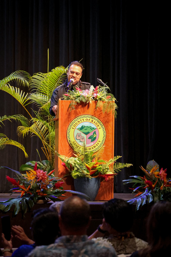 Incoming Chief Rudy Tai delivers remarks outlining his priorities at the KPD Change of Command ceremony.