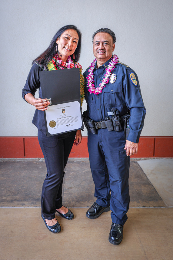 KPD Contract Specialist Desiree Wakuta-Matsuda and Chief Rudy Tai at the Kaua‘i Police Commission meeting on March 27, 2026.