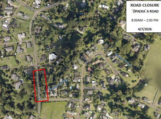 Map of emergency road closures along `Ōpaeka`a Road in Wailua. ###