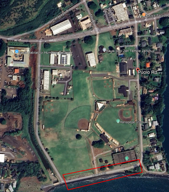 Map of emergency road closures along Puolo Road in Hanapēpē. ###