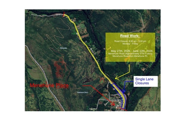 Map of the Menehune Road closure area in Waimea, May 27 – June 12, 2026.