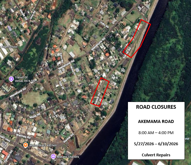 Map of road closures along Alawai Road. ###