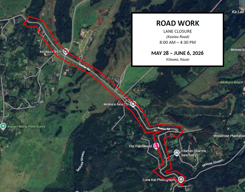 Map of road closure along Koolau Road.