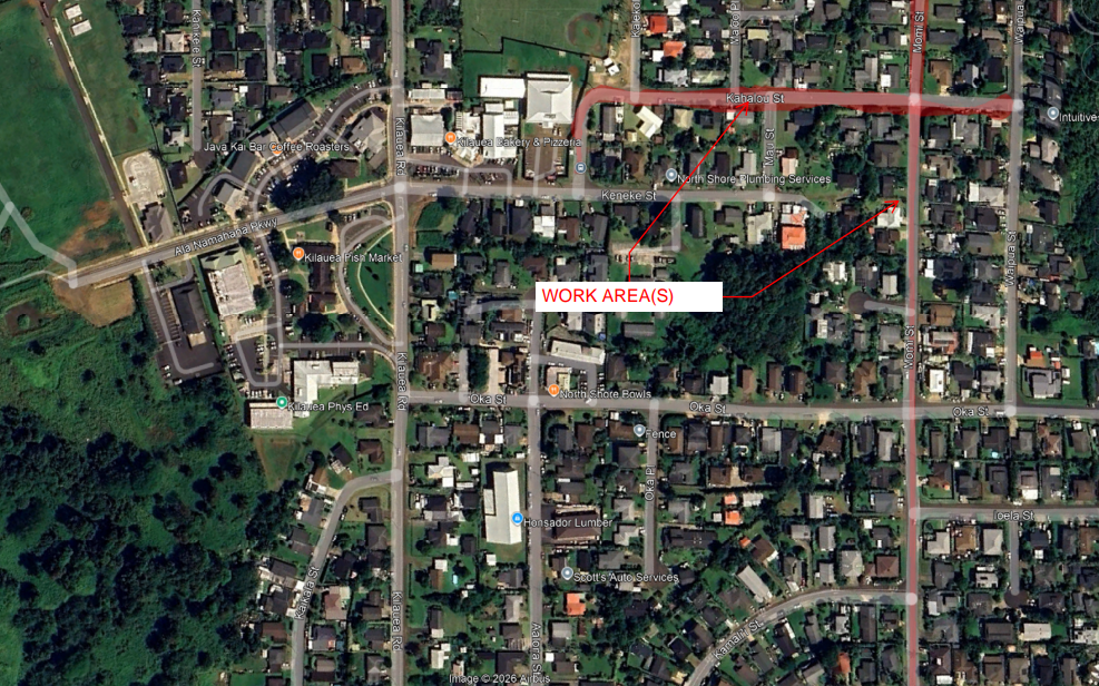 Map of lane closures along Momi Street and Kahalou Street in Kīlauea.  ###