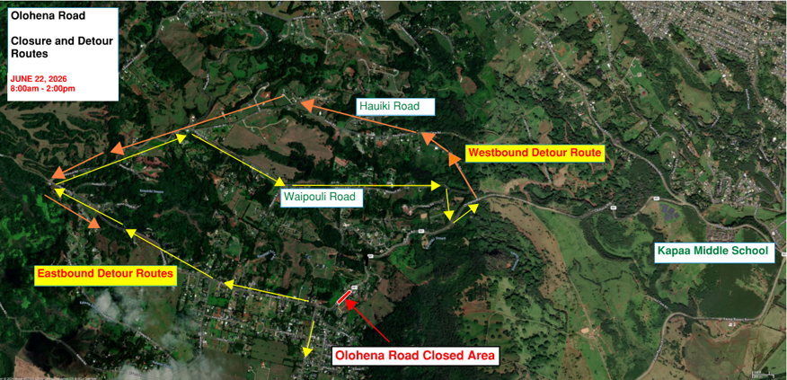 Portion of Olohena Road closed June 22