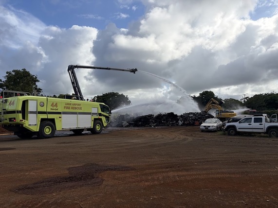 ARFF Rescue 44 uses their (HRET) to discharge (AFFF) onto the flames.
