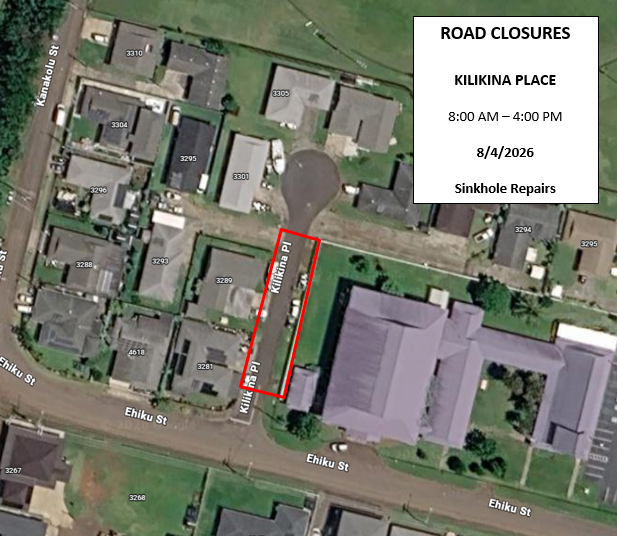 Map of lane and road closures along portion of Kilikina Place.   ###