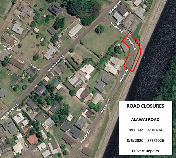 Map of lane and road closures along portion of Alawai Road.  ###