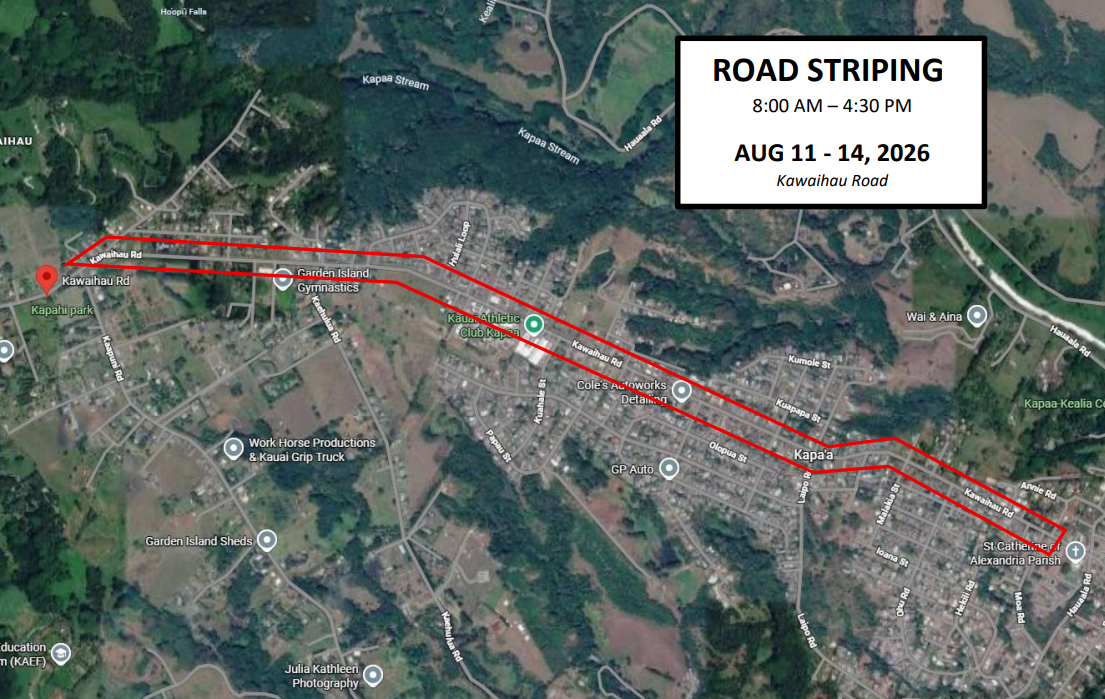 Map of lane shifts along portion of Kawaihau Road.  ###