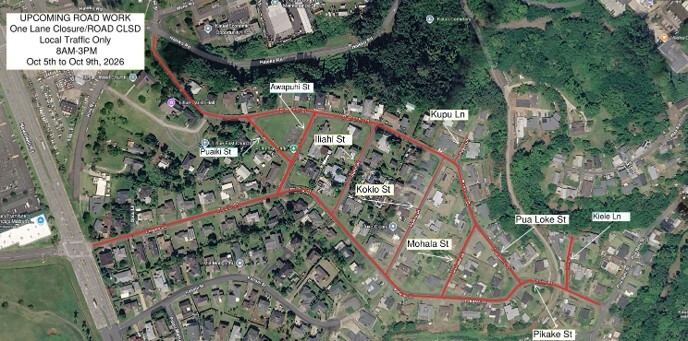 Map of roadways in the Pua Loke Subdivision scheduled for closures Oct. 5 through Oct. 8.