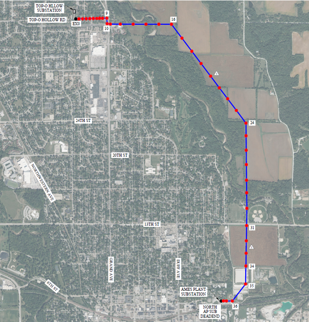Map of power line replacement from Top-o_hollow Substation to Ames Plant Substation