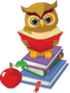 Owl on books with apple