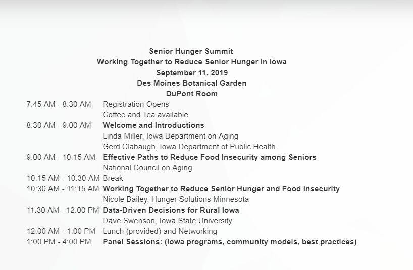 Senior Hunger Summit Agenda; September 11, 2019