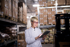 Food service worker checking inventory in food warehouse