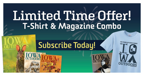 A collage of Iowa Outdoors magazine covers and the 2020 Iowa State Fair t-shirt