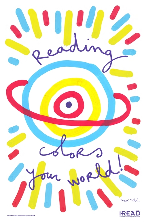 three brightly colored round circles are surrounded by the words READING COLORS YOUR WORLD which are surrounded by other brightly colored lines 
