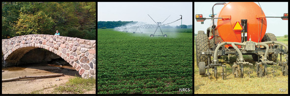 Photo collage showing low stream levels and two types of land application