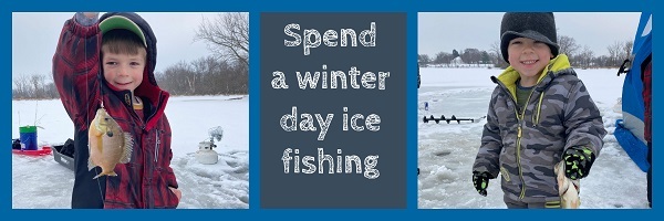 2 young boys ice fishing.