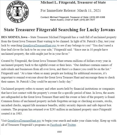 State Treasurer Fitzgerald Searching for Lucky Iowans