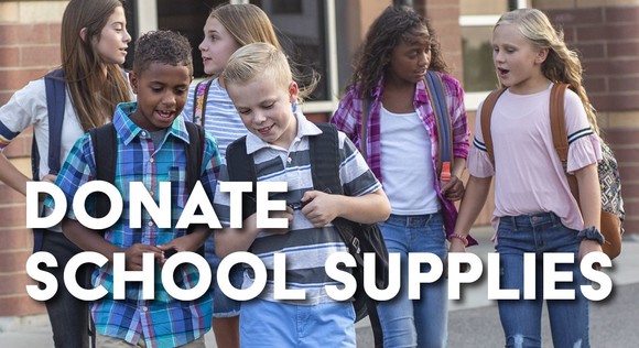 Donate School Supplies text on image of schoolchildren walking and talking and wearing backpacks