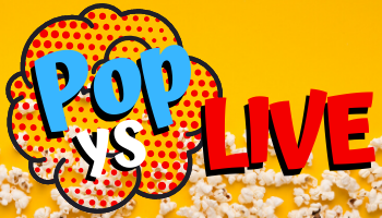the logo for Pop YS Live that features popcorn and the words in bright graphic font