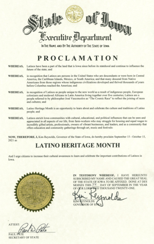 2021 Iowa Latino Heritage Month Proclamation