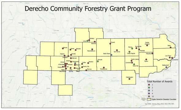 Map with the locations of Derecho Community Forestry Grant Program recipients