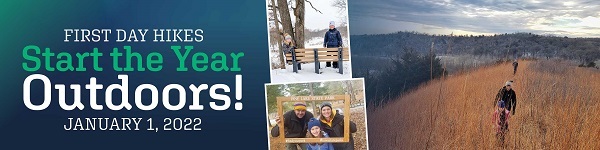 A collage of photos of families enjoying hikes in Iowa Start Parks.