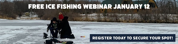 A mom and son ice fishing on a pond.