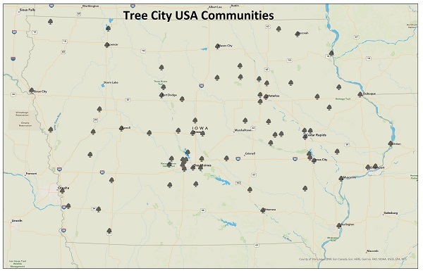 Map of Tree City USA communities in Iowa