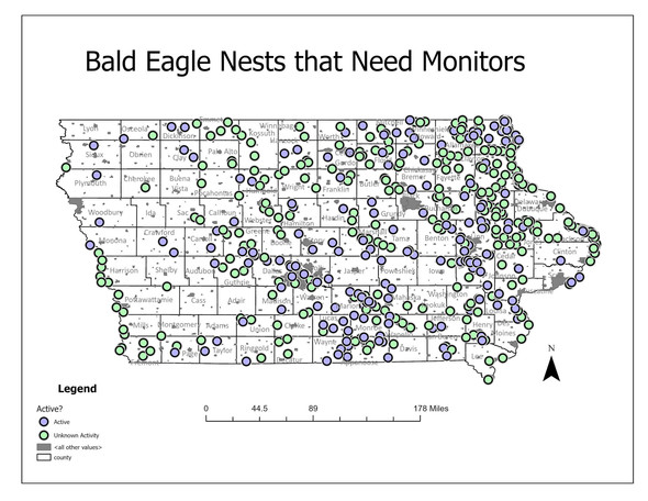 Map of nests needing monitors