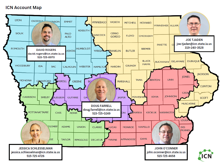 photos of the Account Consultants on a map of Iowa