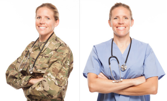 Two photos of woman as soldier, medical worker