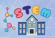 cartoon school with bubble letters above it that spell "STEM"