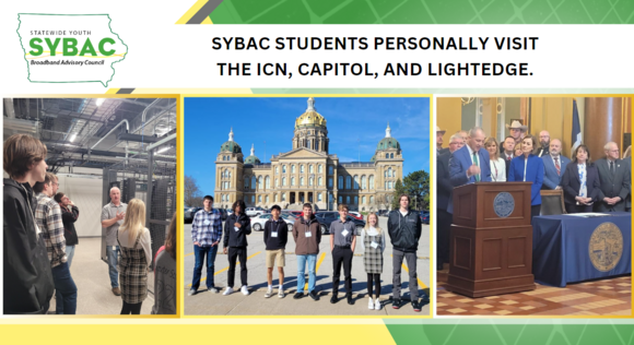 Photo collage of the SYBAC students taking a tour, in front of the capitol, and the Governor signing a bill