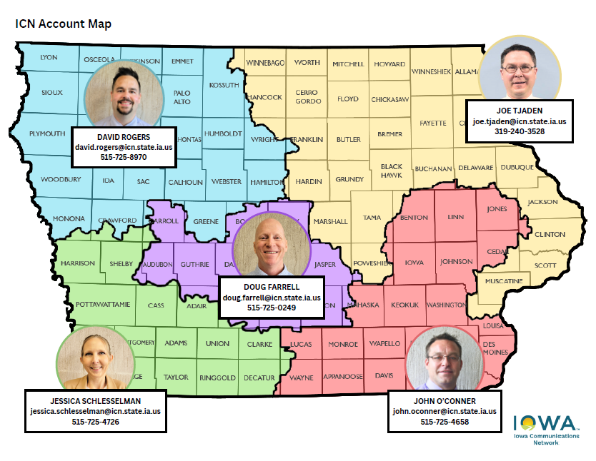 State of Iowa Map divided into five territories with a photo of the Account Consultant that oversees that section