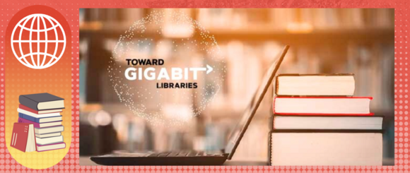 Towards Gigabit logo next to a laptop and a stack of books