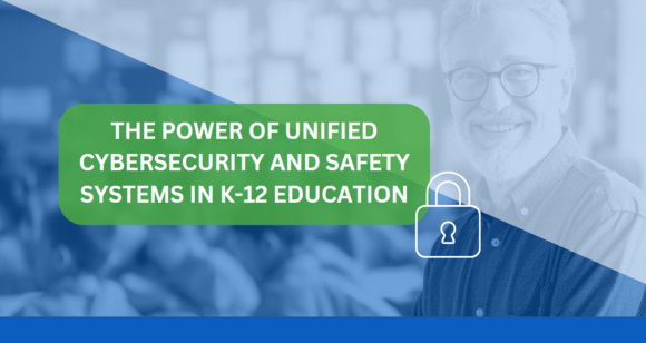 cybersecurity banner with a teacher smiling at the camera with his classroom behind him