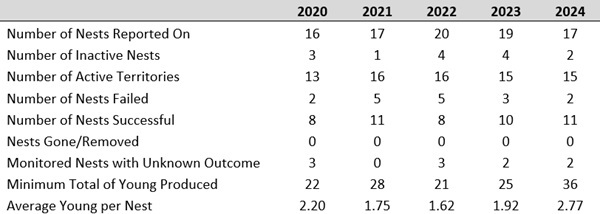 Summary of 2020-2024 Peregrine Falcon nesting results