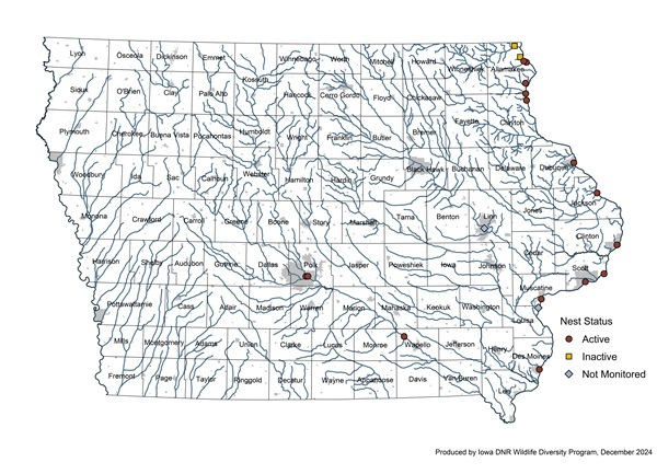 Statewide map showing 2024 Peregrine Falcon nest locations (15 active, 2 inactive, 2 not monitored).