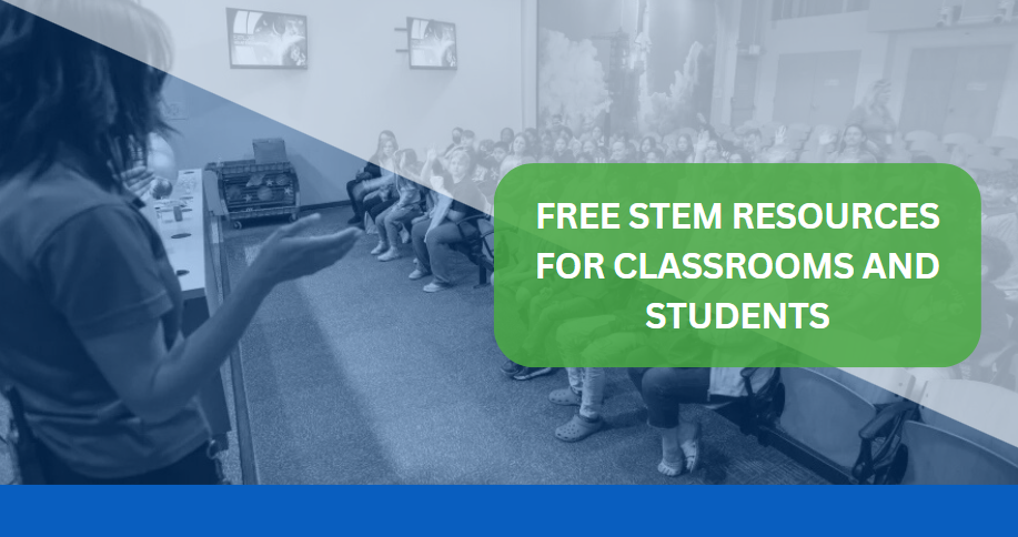 Teacher presenting new stem resources to a large crowd of students