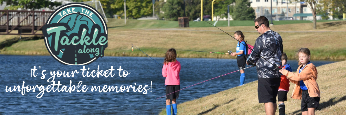 A man and kids fishing at a community fishing pond.